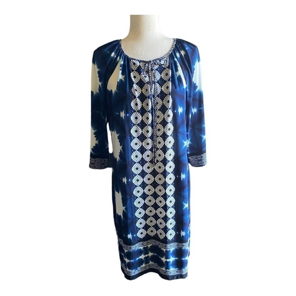 NWOT-LONDON TIMES-BLUE & WHITE PRINT SHIFT DRESS-SIZE 12 - Picture 1 of 8